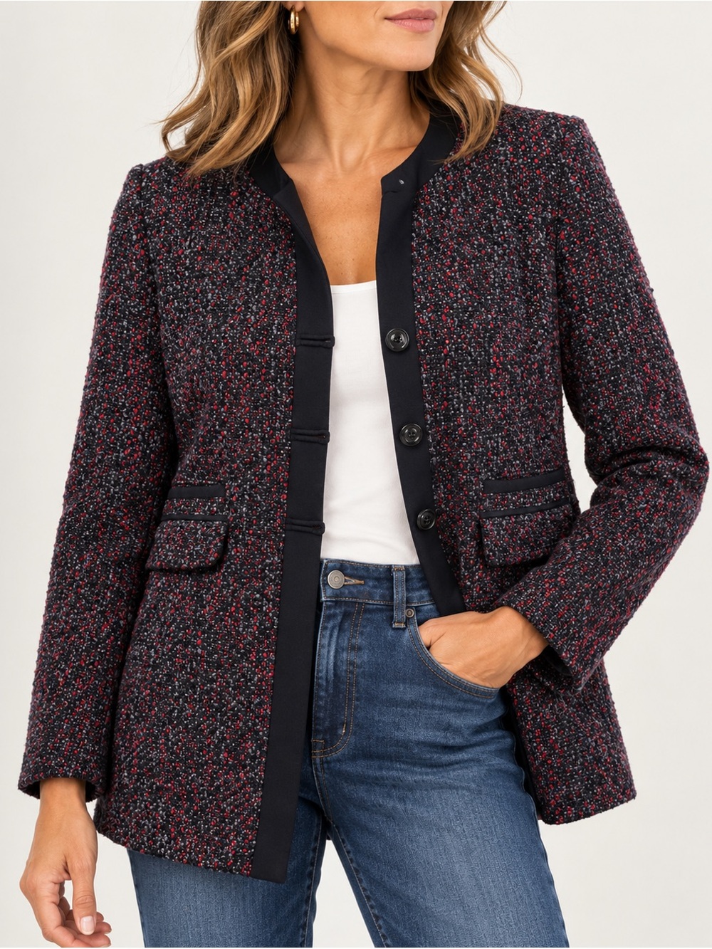 Pendleton Petite Tweed Jacket Blazer | Size 8 | Navy & Red Bouclé
